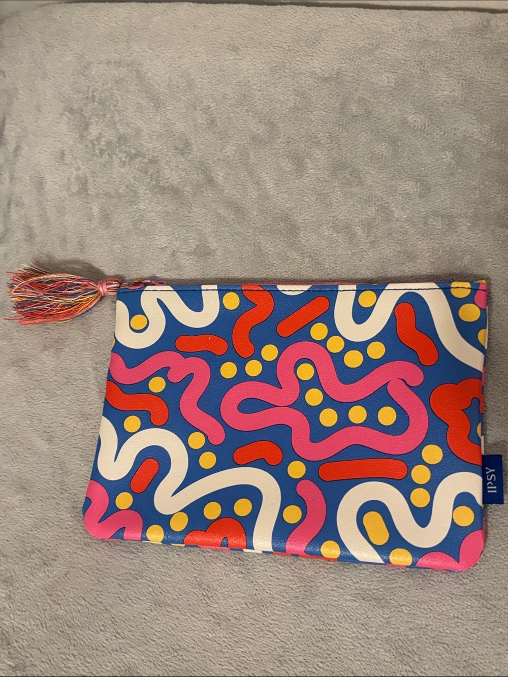 ipsy Blue Cosmetic Bag with Pink, Red & Yellow Abstract Print